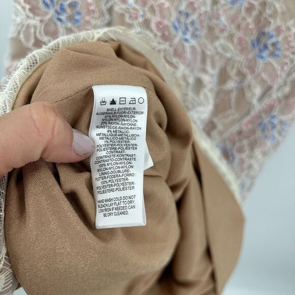 DRESS THE POPULATION Kay Dress White Tan Floral Lace Metallic Midi Dress Large - Picture 12 of 12